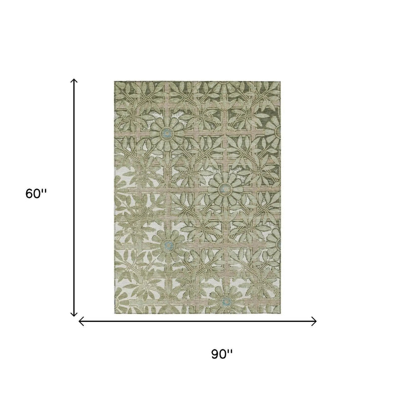 5' X 8' Green And Khaki Floral Washable Indoor Outdoor Area Rug Homeroots Outdoor