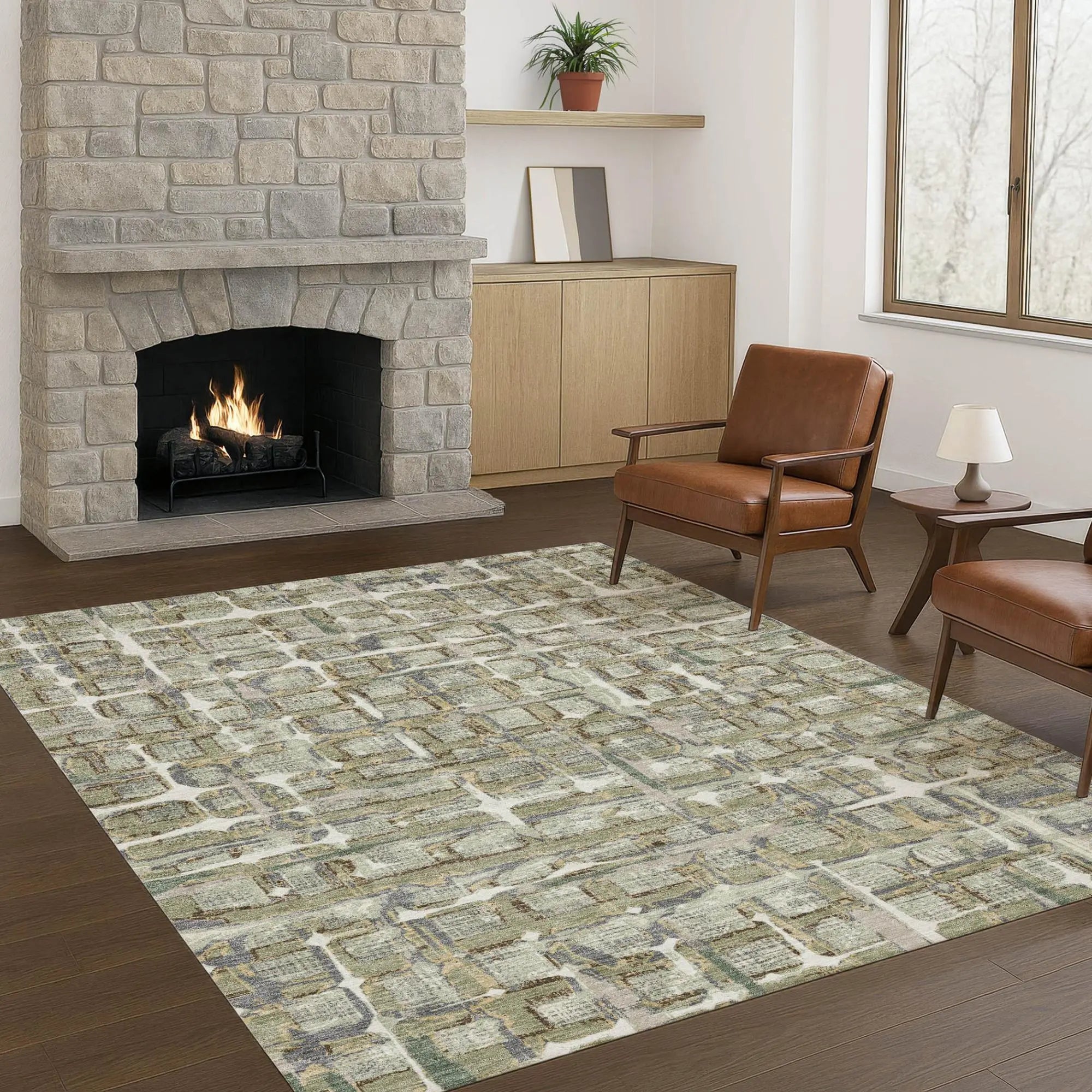 5' X 8' Green And Khaki Geometric Washable Indoor Outdoor Area Rug Homeroots Outdoor
