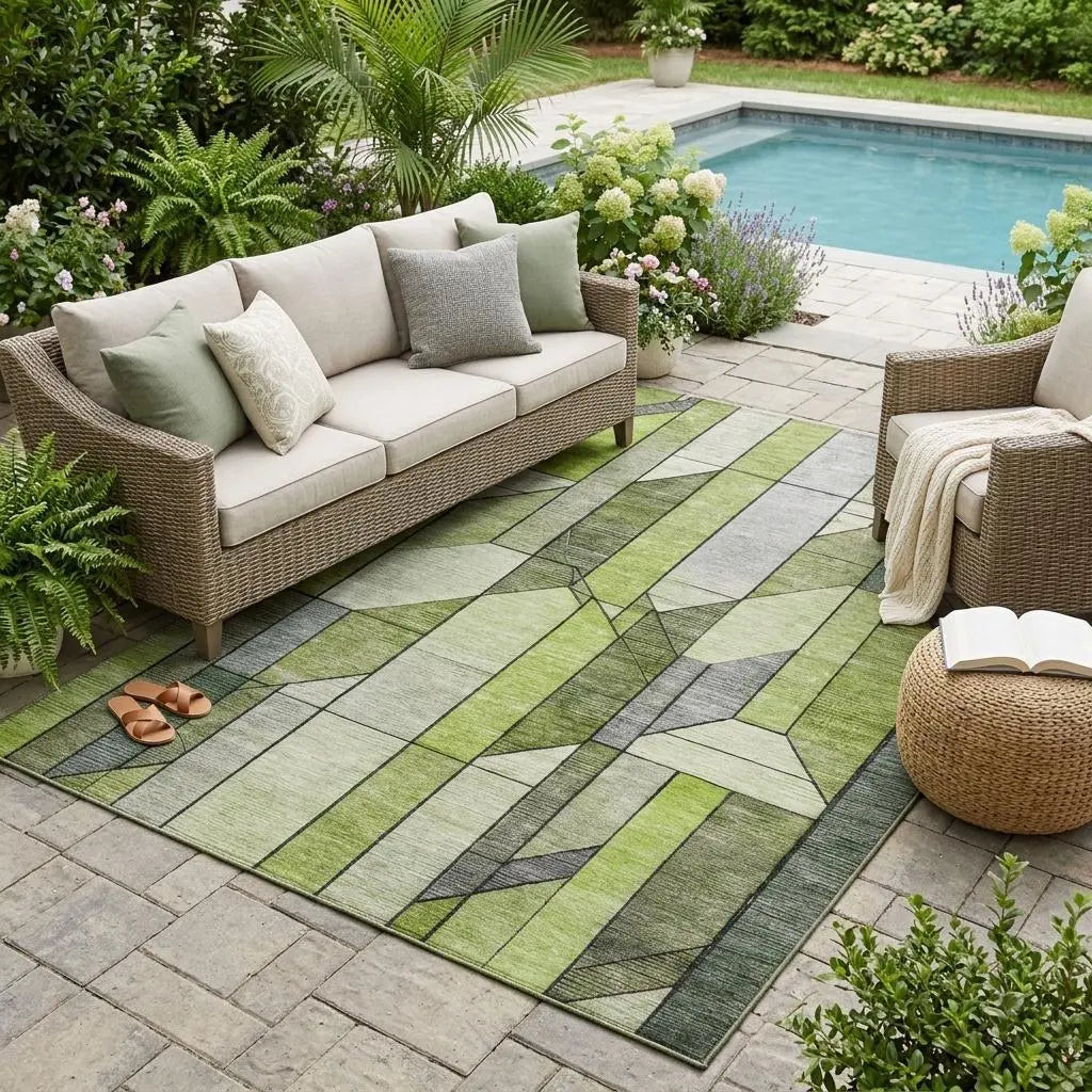 5' X 8' Green And Lime Green Geometric Washable Indoor Outdoor Area Rug Homeroots Outdoor