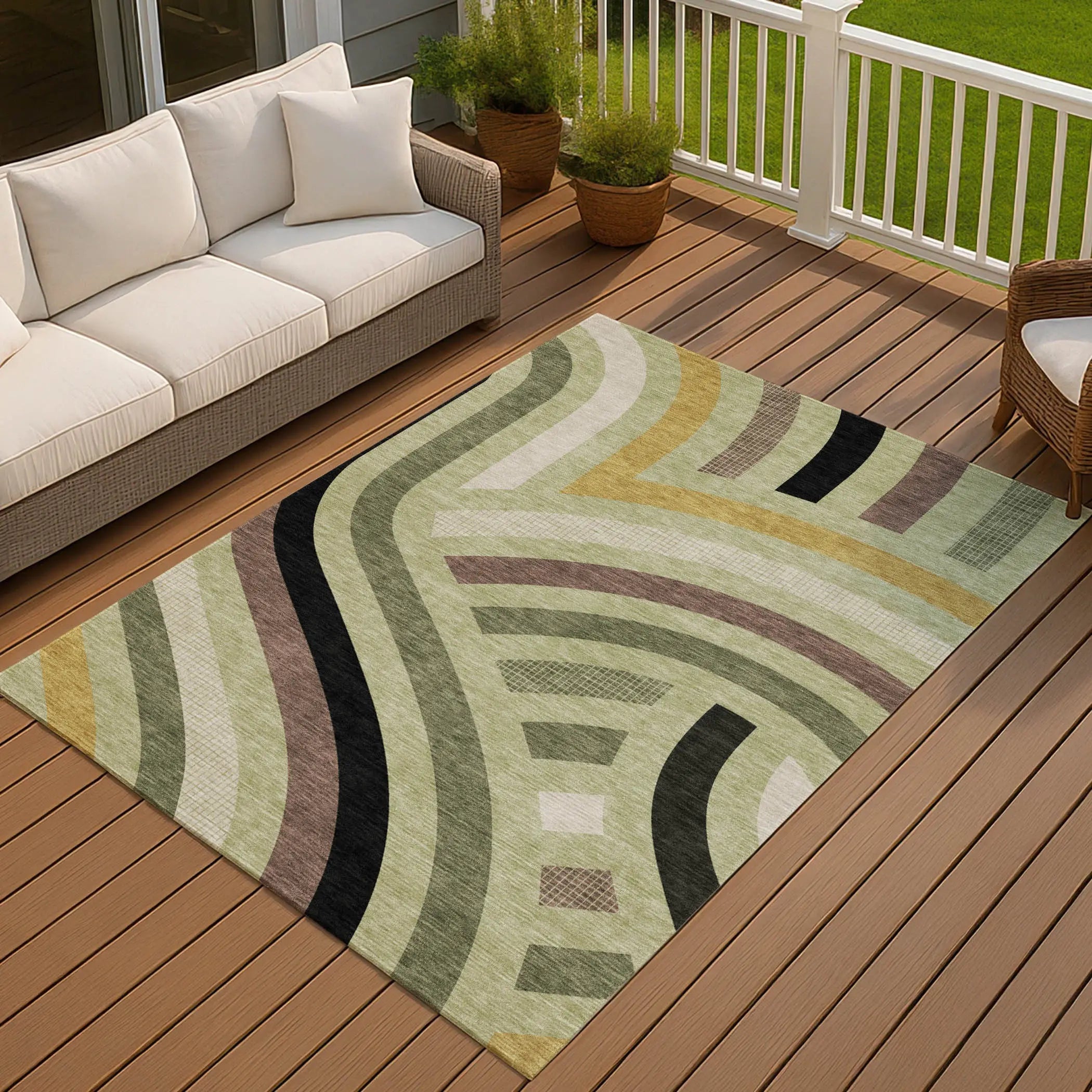 5' X 8' Green And Olive Green Abstract Washable Indoor Outdoor Area Rug Homeroots Outdoor