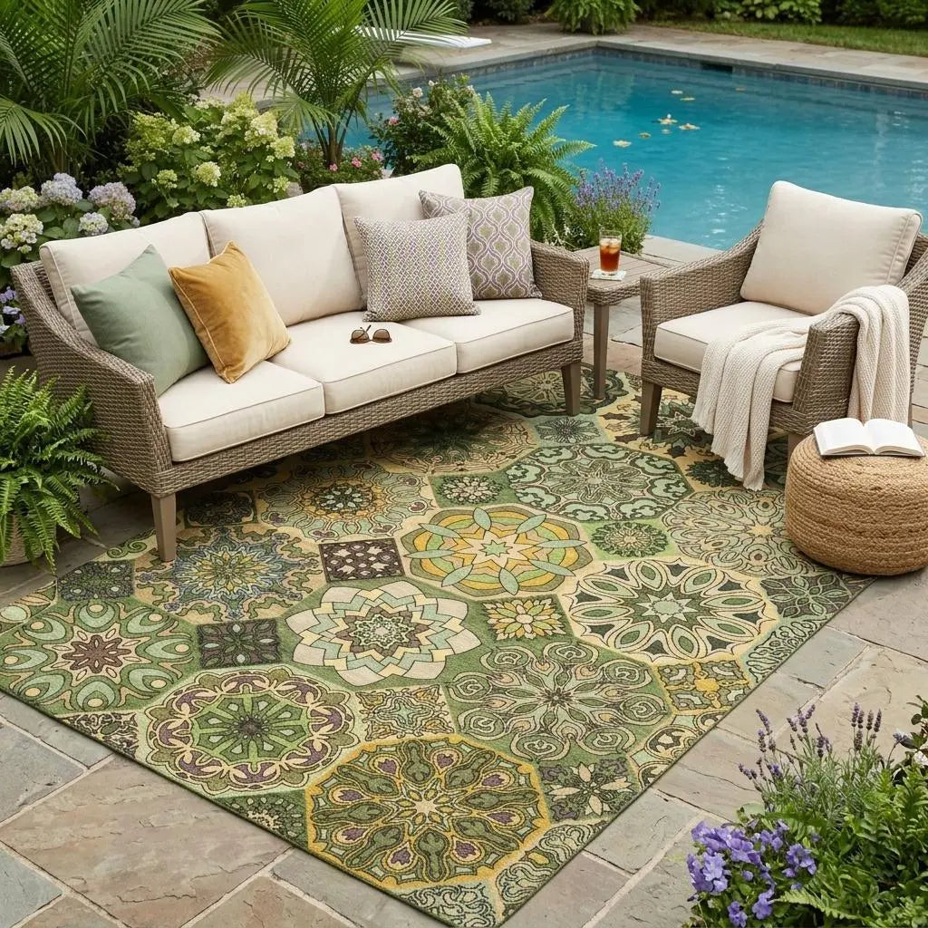5' X 8' Green And Olive Green Patchwork Washable Indoor Outdoor Area Rug Homeroots Outdoor