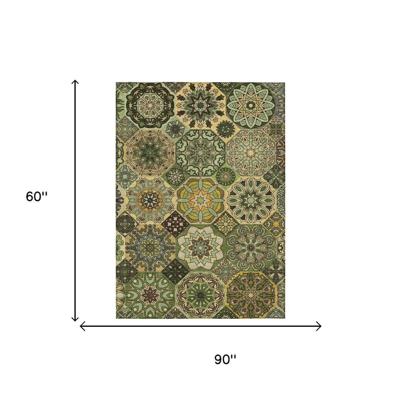 5' X 8' Green And Olive Green Patchwork Washable Indoor Outdoor Area Rug Homeroots Outdoor