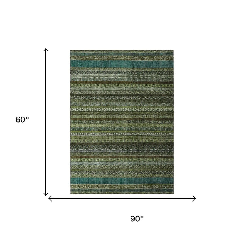 5' X 8' Green And Olive Green Striped Washable Indoor Outdoor Area Rug Homeroots Outdoor