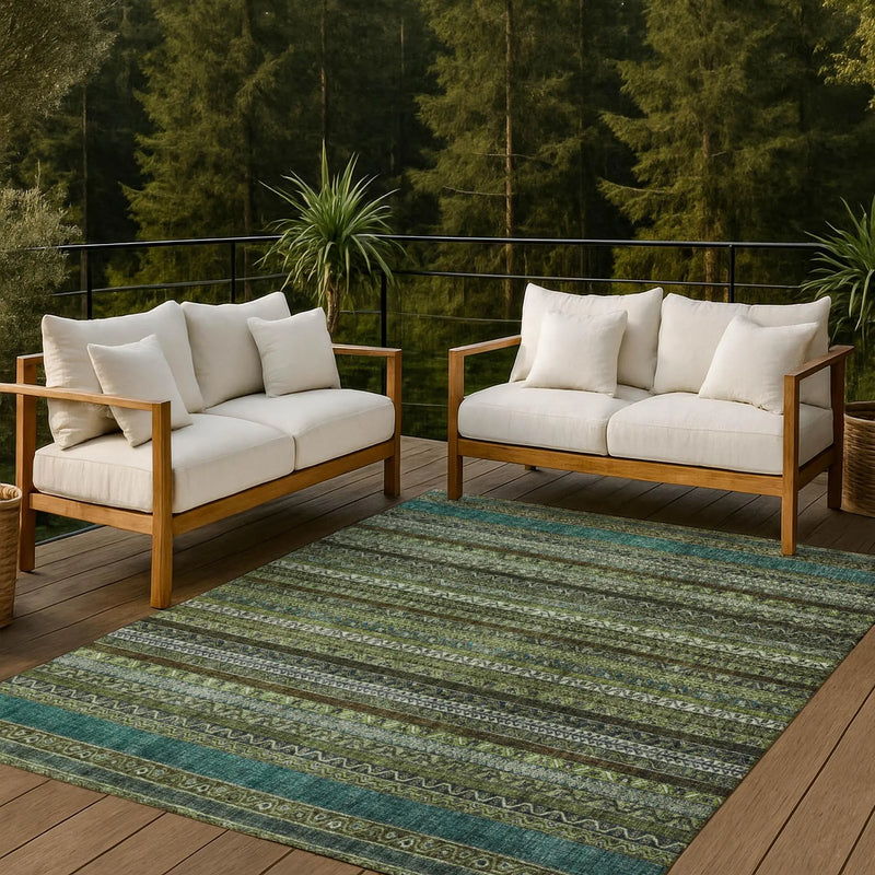 5' X 8' Green And Olive Green Striped Washable Indoor Outdoor Area Rug Homeroots Outdoor