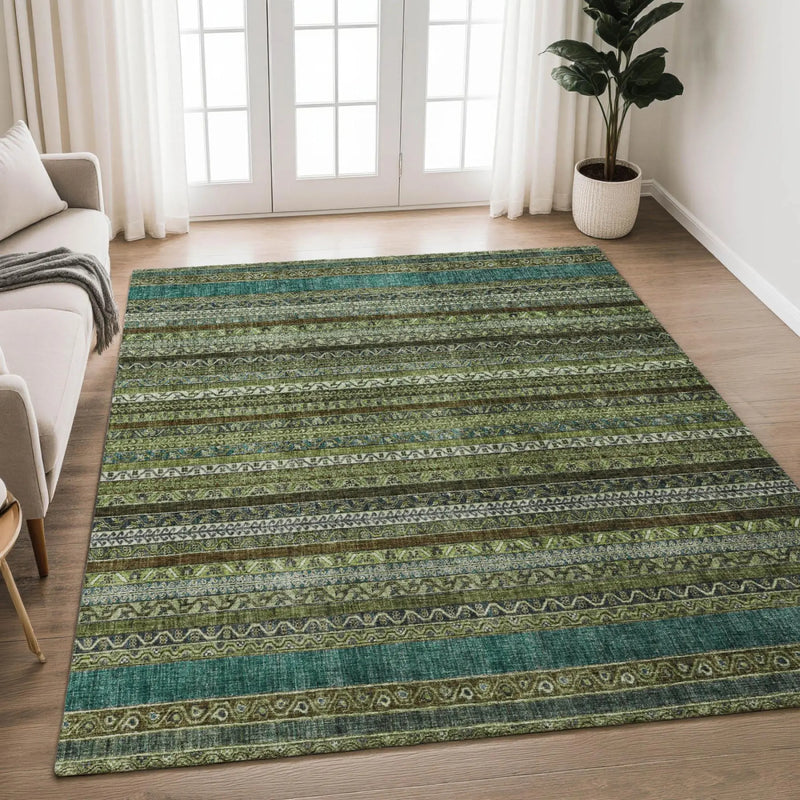 5' X 8' Green And Olive Green Striped Washable Indoor Outdoor Area Rug Homeroots Outdoor