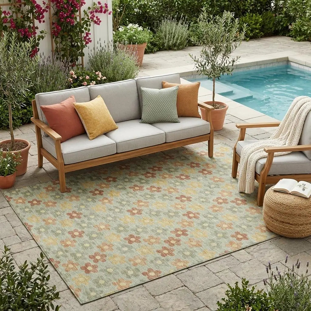 5' X 8' Green And Orange Floral Washable Indoor Outdoor Area Rug Homeroots Outdoor