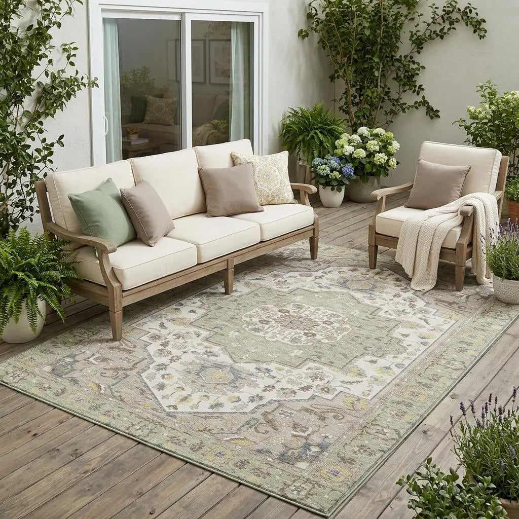 5' X 8' Green And Orange Oriental Washable Indoor Outdoor Area Rug Homeroots Outdoor