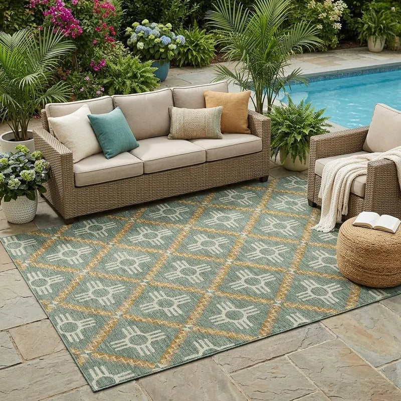 5' X 8' Green And Red Geometric Washable Indoor Outdoor Area Rug Homeroots Outdoor