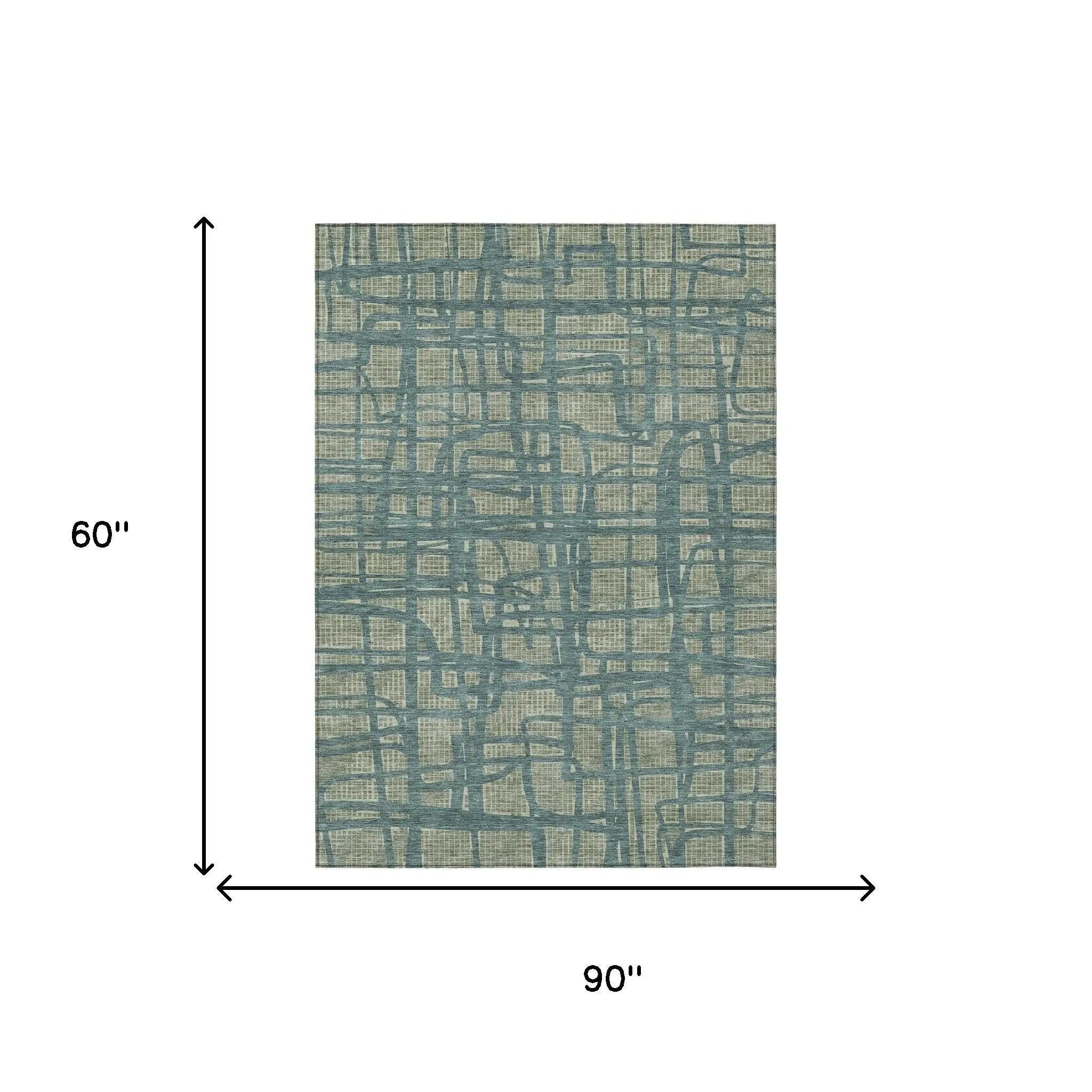 Blue and beige abstract patterned area rug, 90" x 60", soft fabric, perfect for modern living spaces.