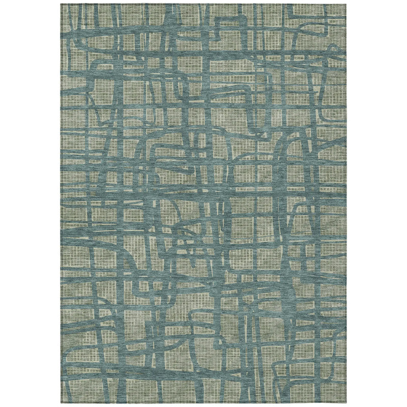 Blue and beige abstract patterned area rug, woven texture, modern style, perfect for contemporary home decor.