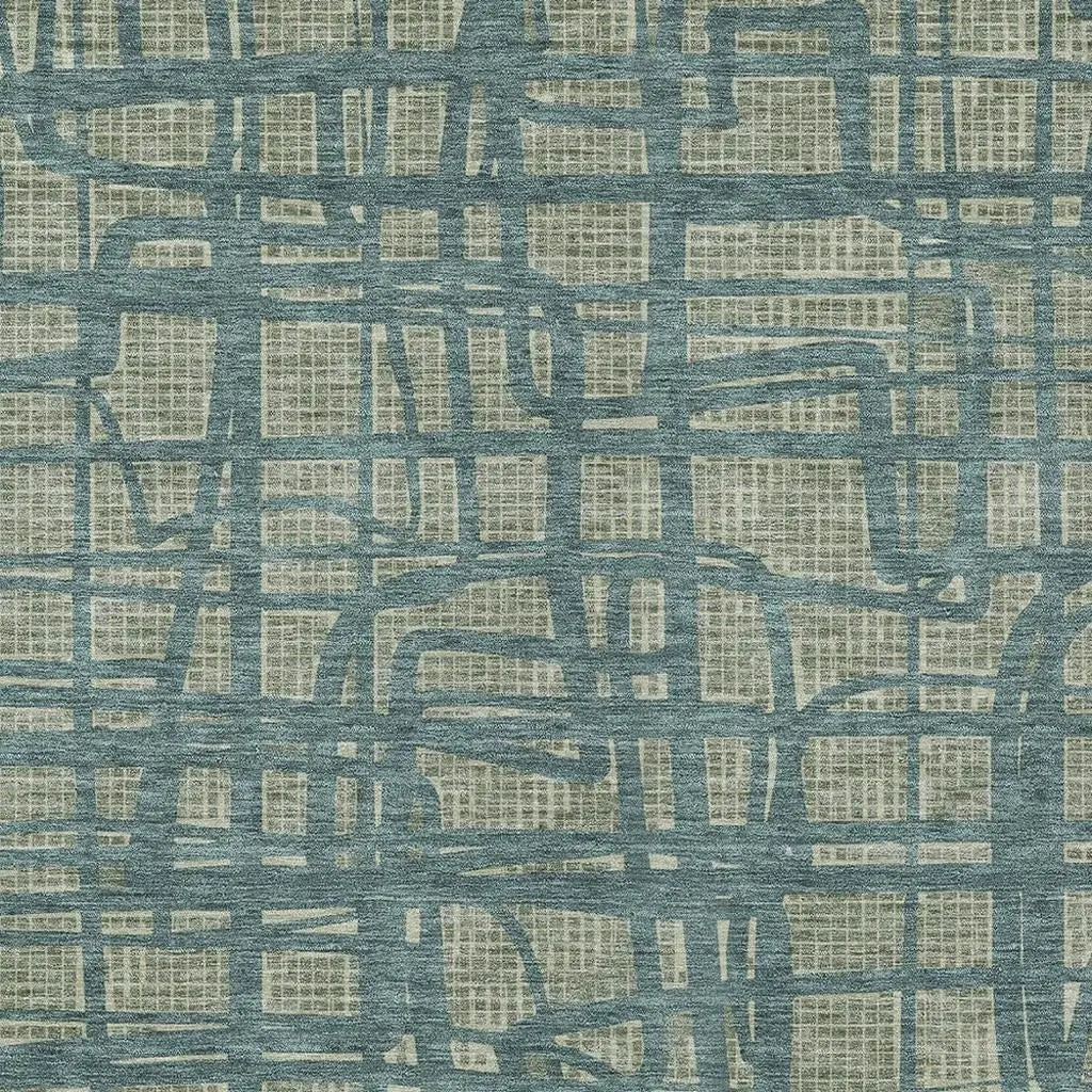 Blue and beige geometric patterned area rug, made from soft, durable fibers, perfect for modern home decor.