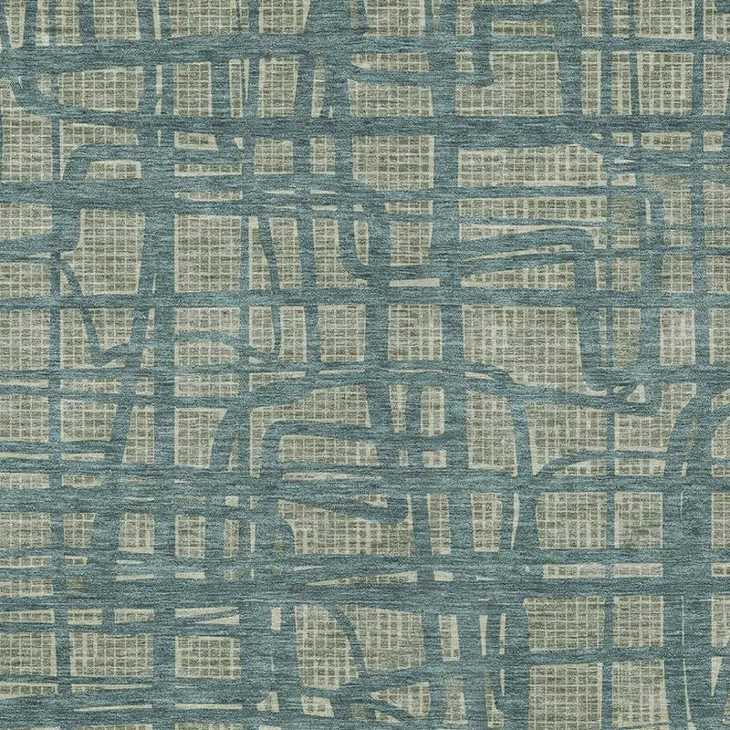 Blue and beige geometric patterned area rug, made from soft, durable fibers, perfect for modern home decor.