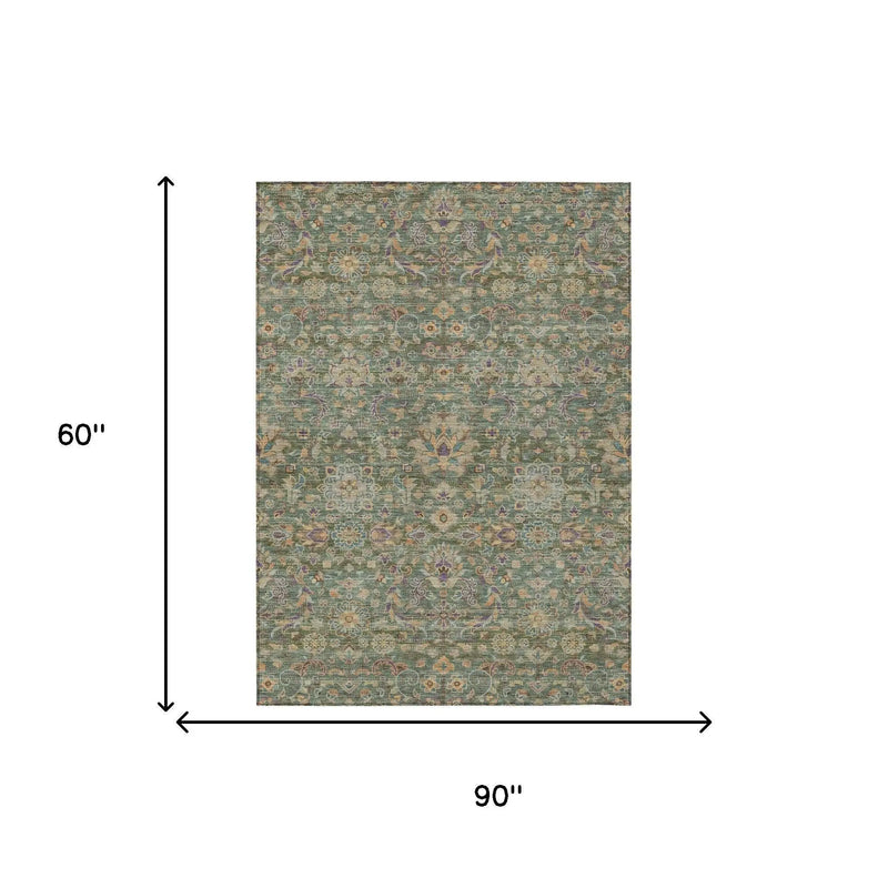 5' X 8' Green And Sage Floral Medallion Washable Indoor Outdoor Area Rug Homeroots Outdoor
