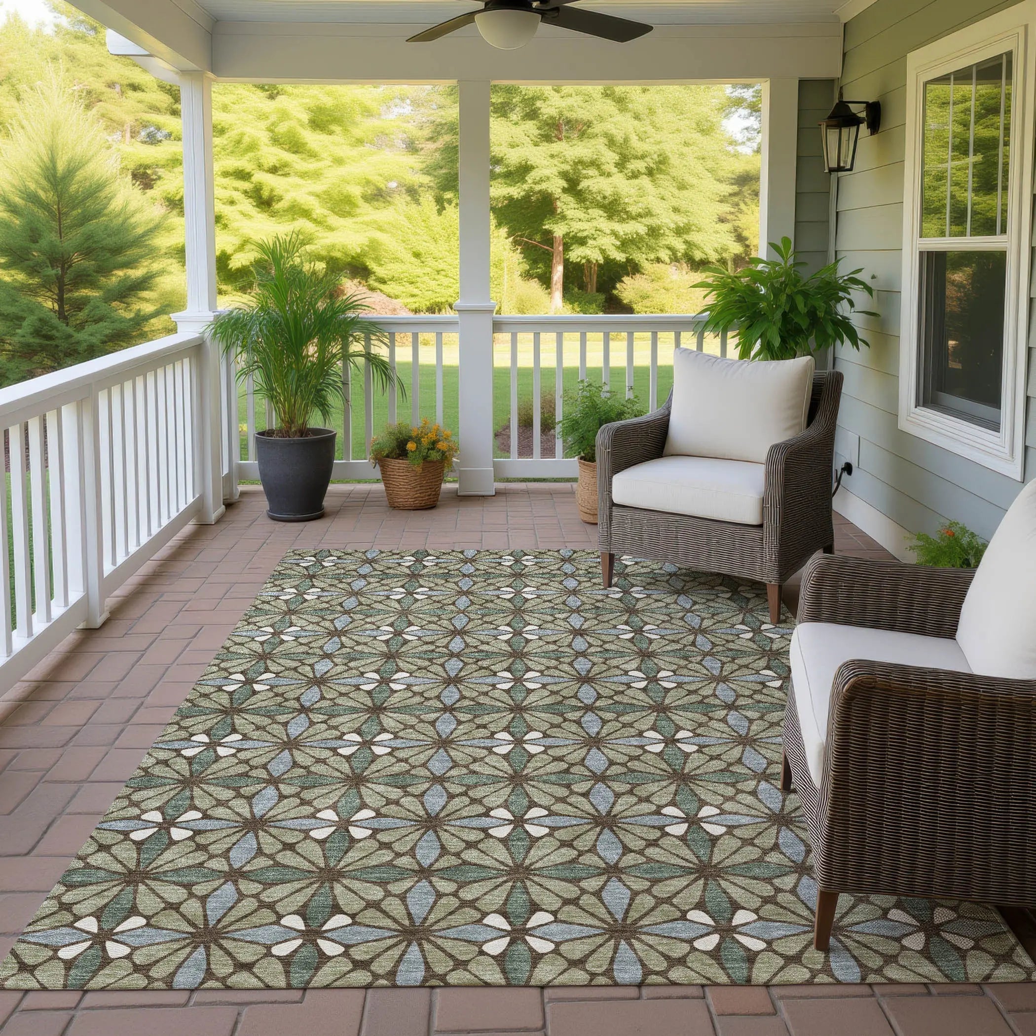 5' X 8' Green And Sage Geometric Washable Indoor Outdoor Area Rug Homeroots Outdoor