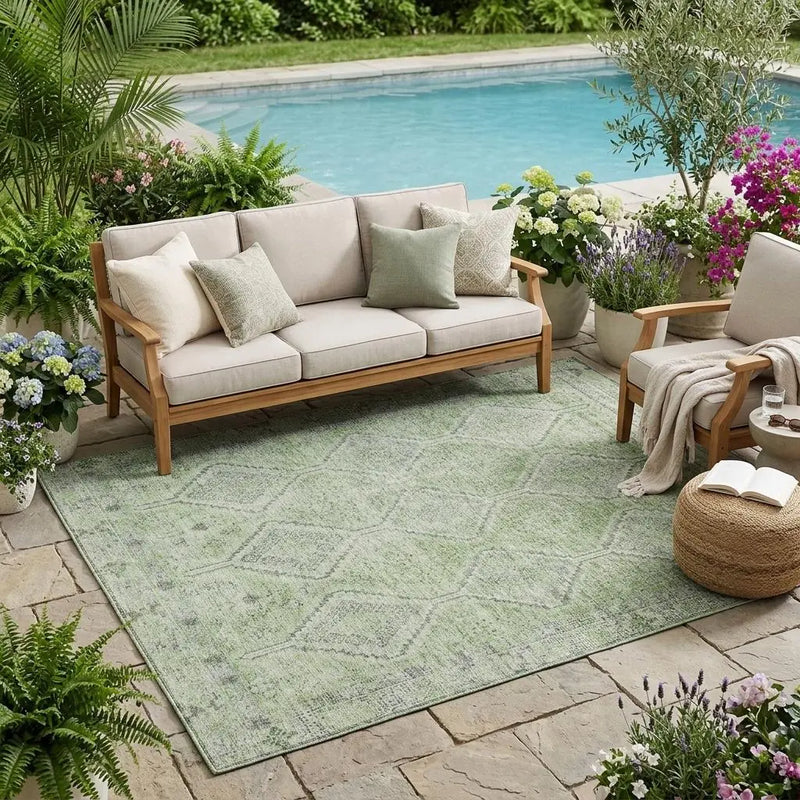 5' X 8' Green And Sage Geometric Washable Indoor Outdoor Area Rug Homeroots Outdoor