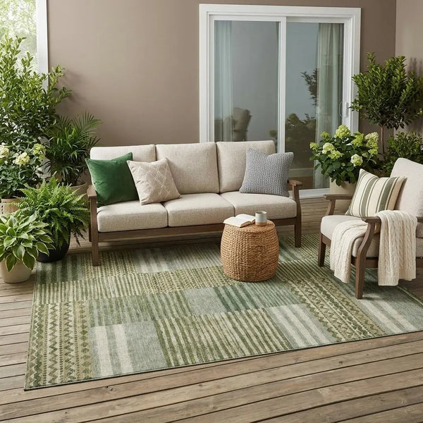 5' X 8' Green And Sage Striped Washable Indoor Outdoor Area Rug Homeroots Outdoor
