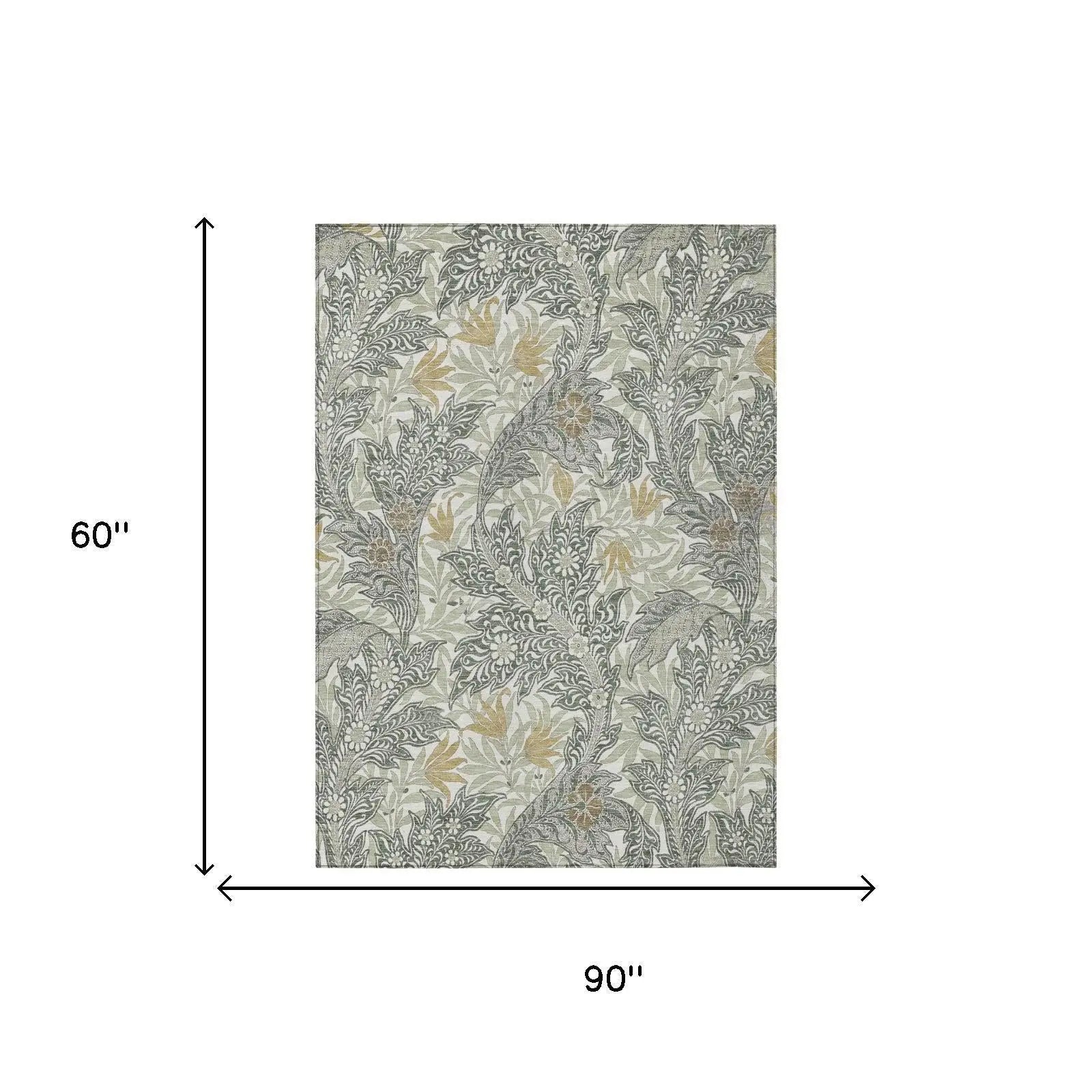 5' X 8' Green And Silver Botanical Leaves Washable Indoor Outdoor Area Rug Homeroots Outdoor
