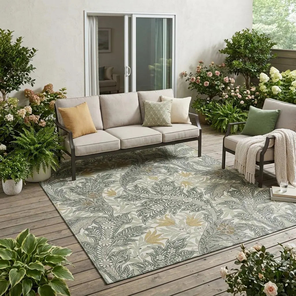 5' X 8' Green And Silver Botanical Leaves Washable Indoor Outdoor Area Rug Homeroots Outdoor