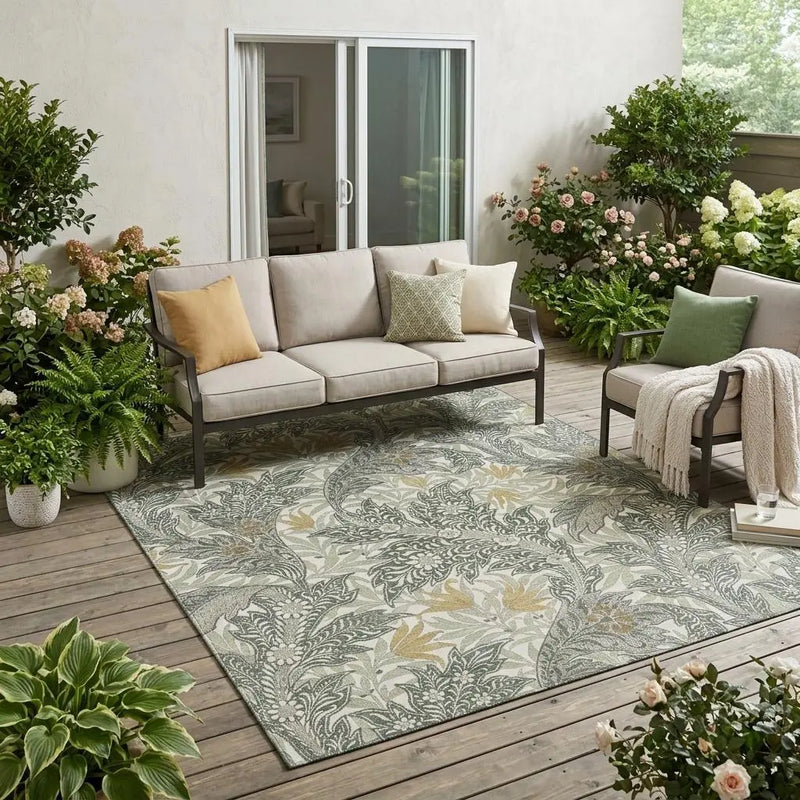 5' X 8' Green And Silver Botanical Leaves Washable Indoor Outdoor Area Rug Homeroots Outdoor