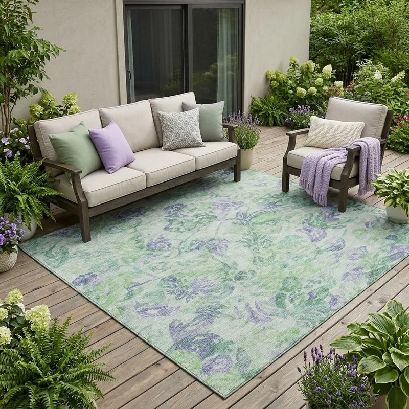5' X 8' Green And Silver Floral Washable Indoor Outdoor Area Rug Homeroots Outdoor