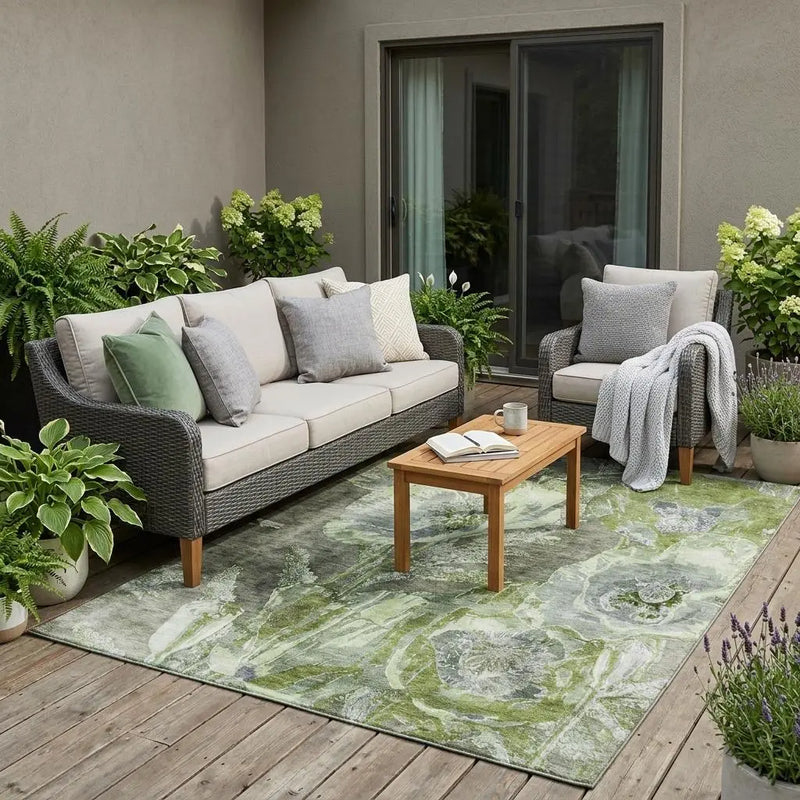 5' X 8' Green And Silver Floral Washable Indoor Outdoor Area Rug Homeroots Outdoor
