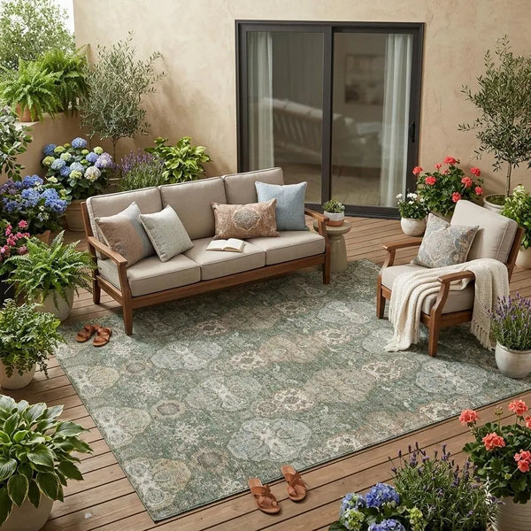 5' X 8' Green And Silver Floral Washable Indoor Outdoor Area Rug Homeroots Outdoor