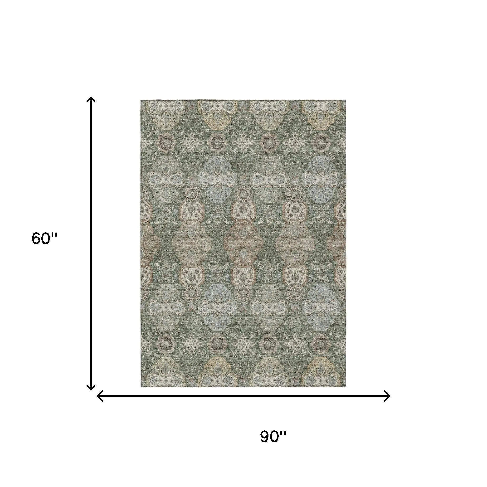 5' X 8' Green And Silver Floral Washable Indoor Outdoor Area Rug Homeroots Outdoor