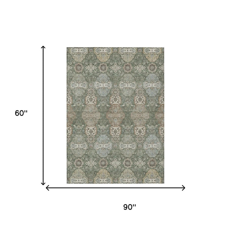 5' X 8' Green And Silver Floral Washable Indoor Outdoor Area Rug Homeroots Outdoor