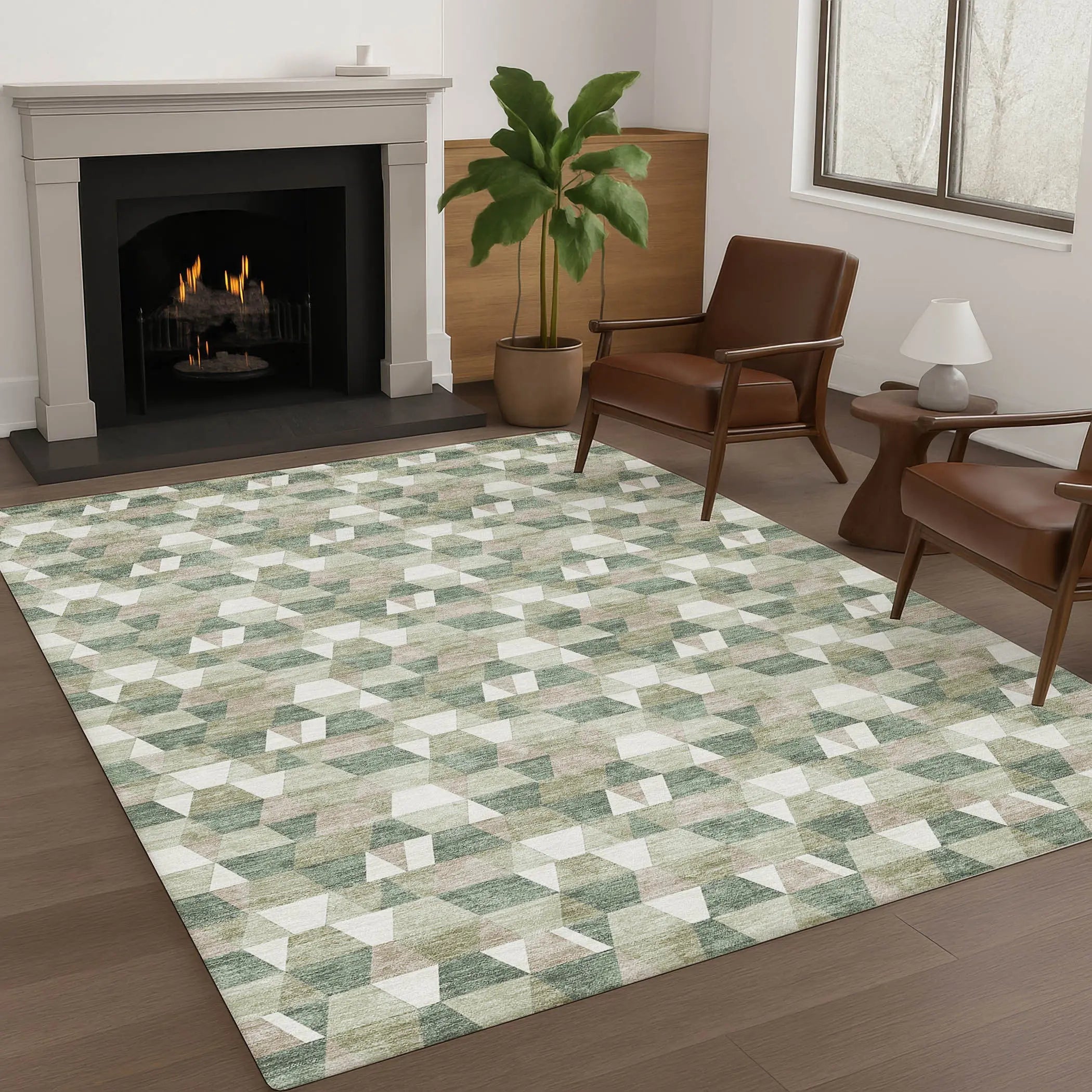 5' X 8' Green And Silver Geometric Washable Indoor Outdoor Area Rug Homeroots Outdoor