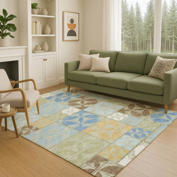 5' X 8' Green And Silver Geometric Washable Indoor Outdoor Area Rug Homeroots Outdoor