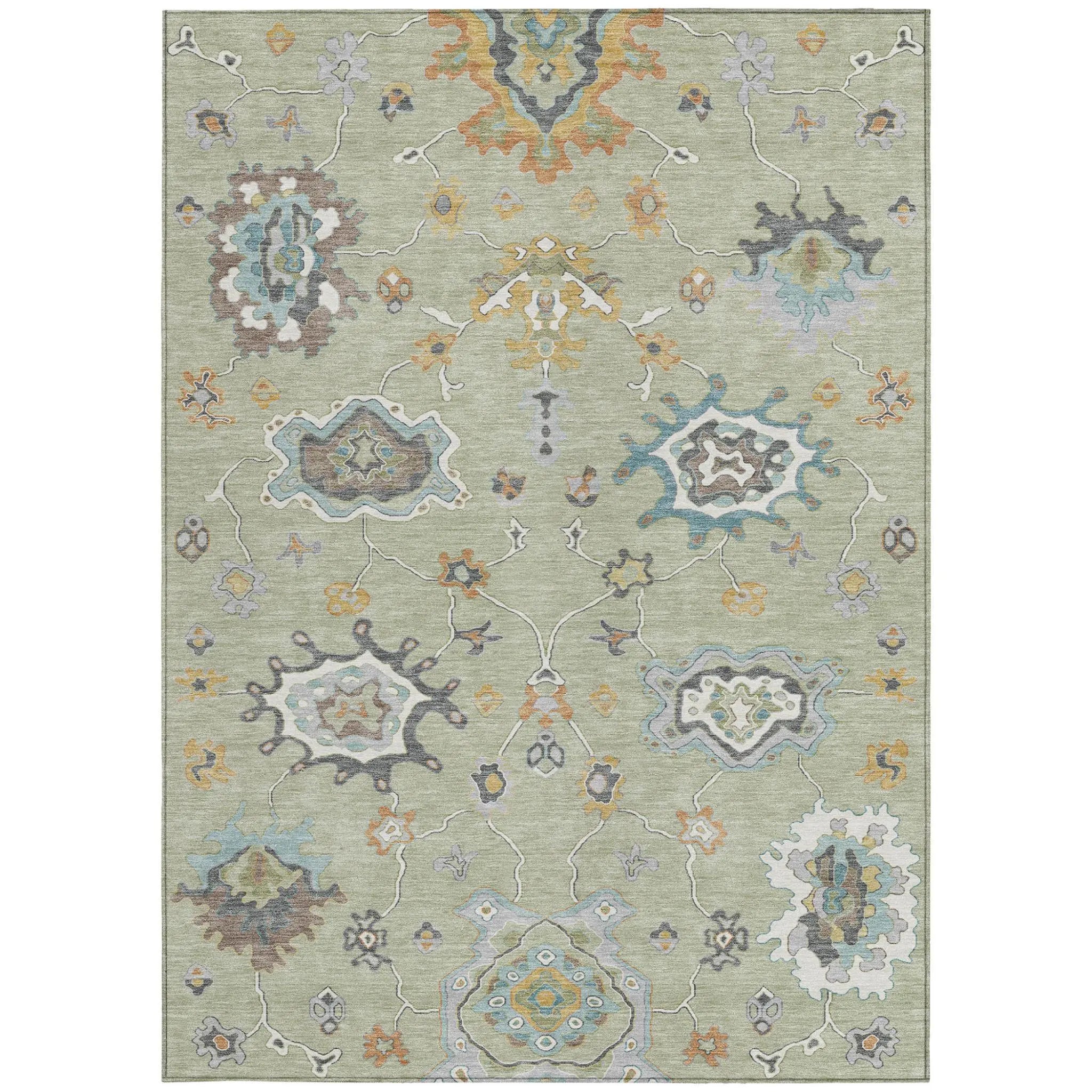 5' X 8' Green And Silver Oriental Washable Indoor Outdoor Area Rug Homeroots Outdoor