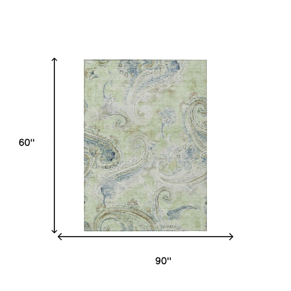 5' X 8' Green And Silver Paisley Washable Indoor Outdoor Area Rug Homeroots Outdoor