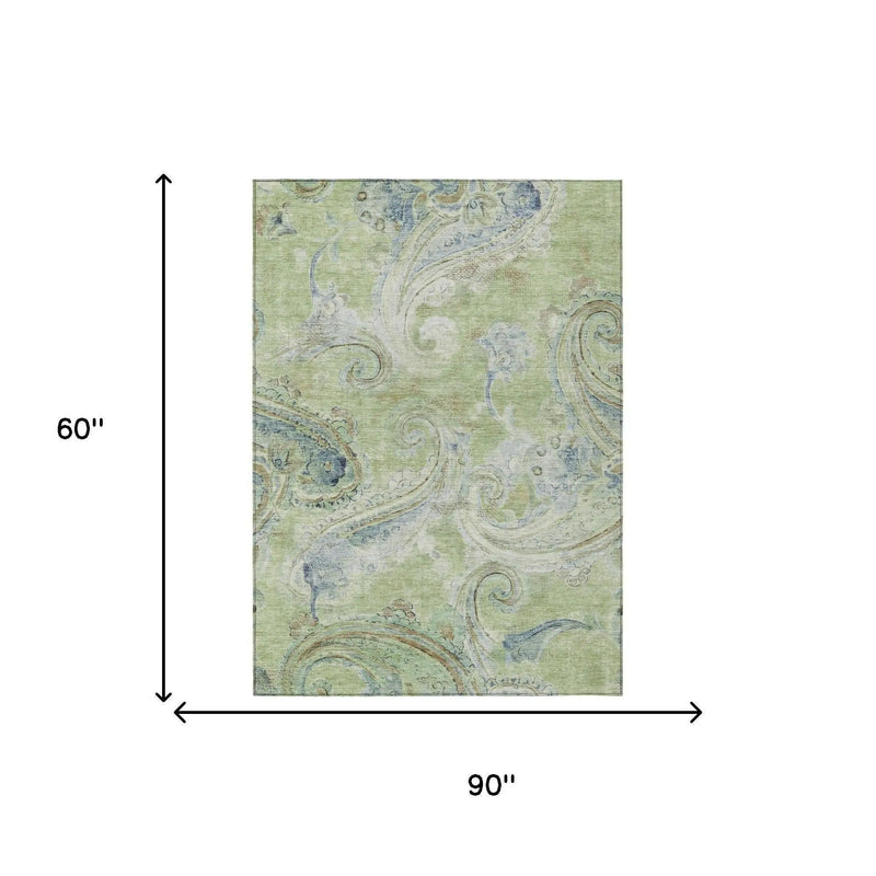 5' X 8' Green And Silver Paisley Washable Indoor Outdoor Area Rug Homeroots Outdoor