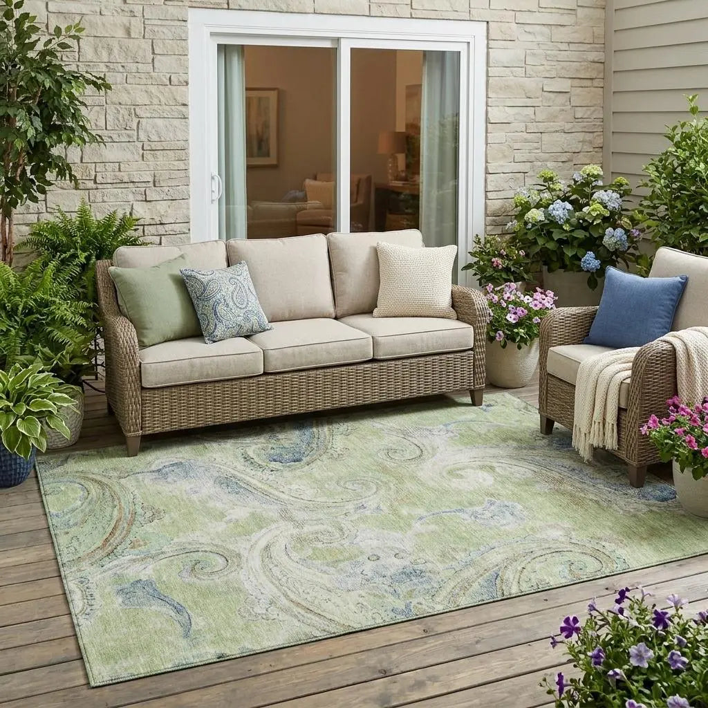 5' X 8' Green And Silver Paisley Washable Indoor Outdoor Area Rug Homeroots Outdoor