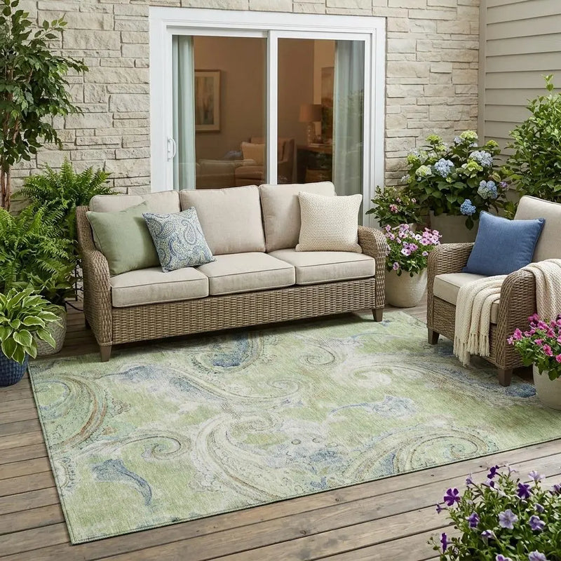 5' X 8' Green And Silver Paisley Washable Indoor Outdoor Area Rug Homeroots Outdoor