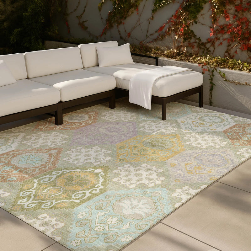 5' X 8' Green And Sky Blue Geometric Washable Indoor Outdoor Area Rug Homeroots Outdoor