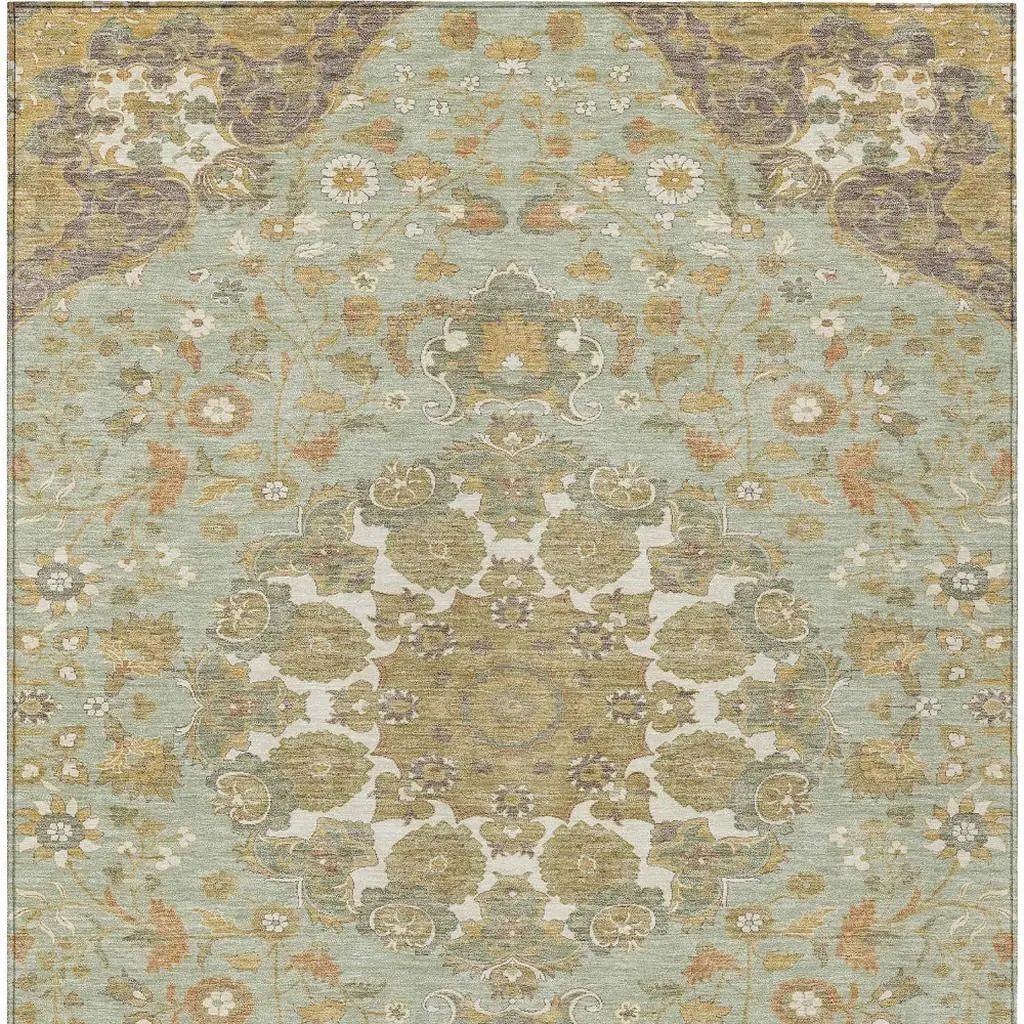 5' X 8' Green And Taupe Damask Washable Indoor Outdoor Area Rug Homeroots Outdoor