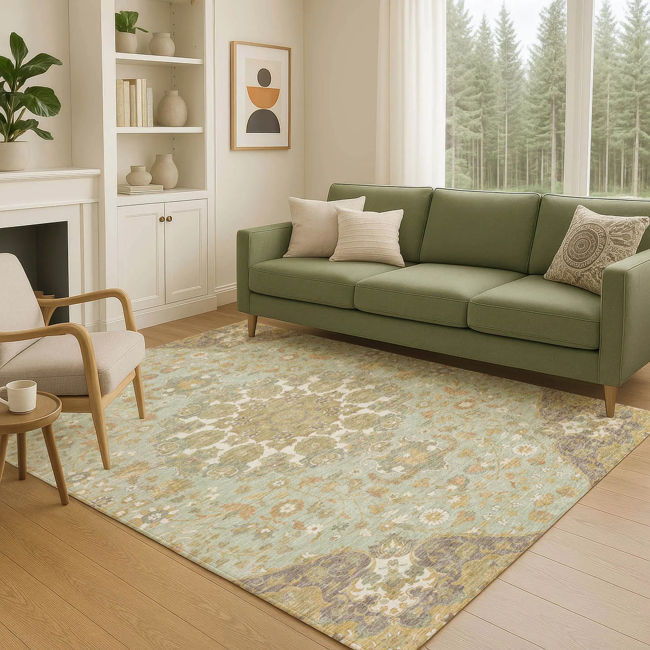 5' X 8' Green And Taupe Damask Washable Indoor Outdoor Area Rug Homeroots Outdoor