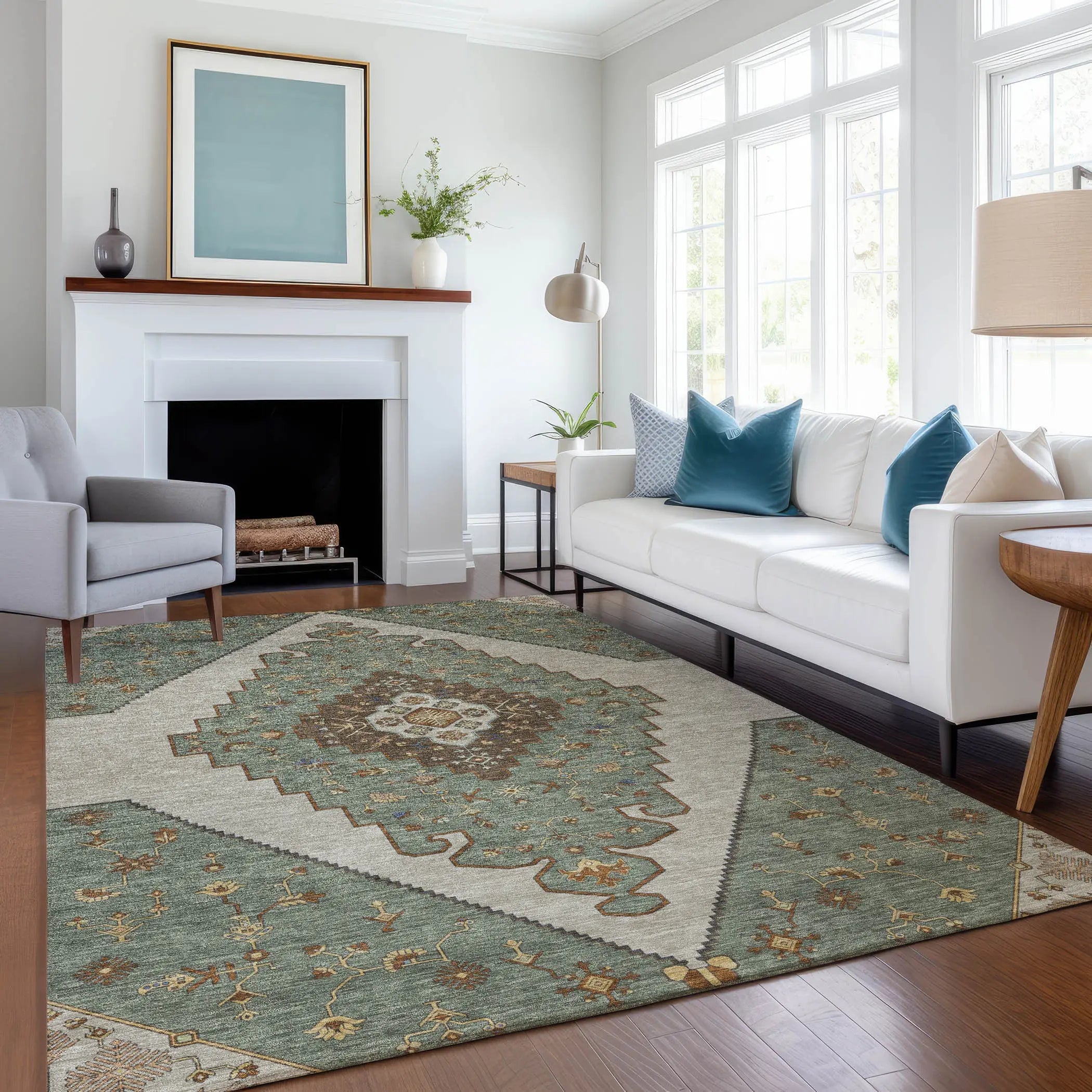 5' X 8' Green And Taupe Geometric Washable Indoor Outdoor Area Rug Homeroots Outdoor