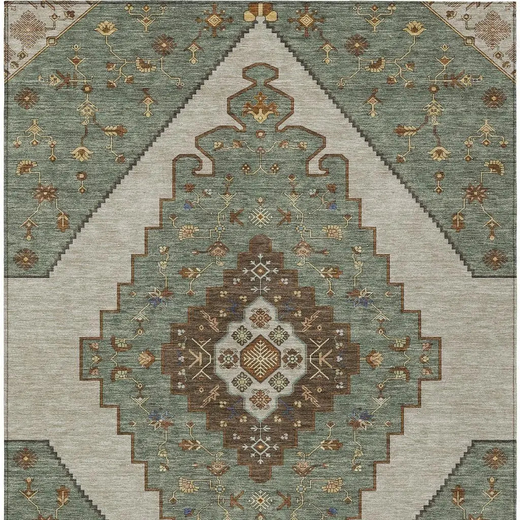 5' X 8' Green And Taupe Geometric Washable Indoor Outdoor Area Rug Homeroots Outdoor