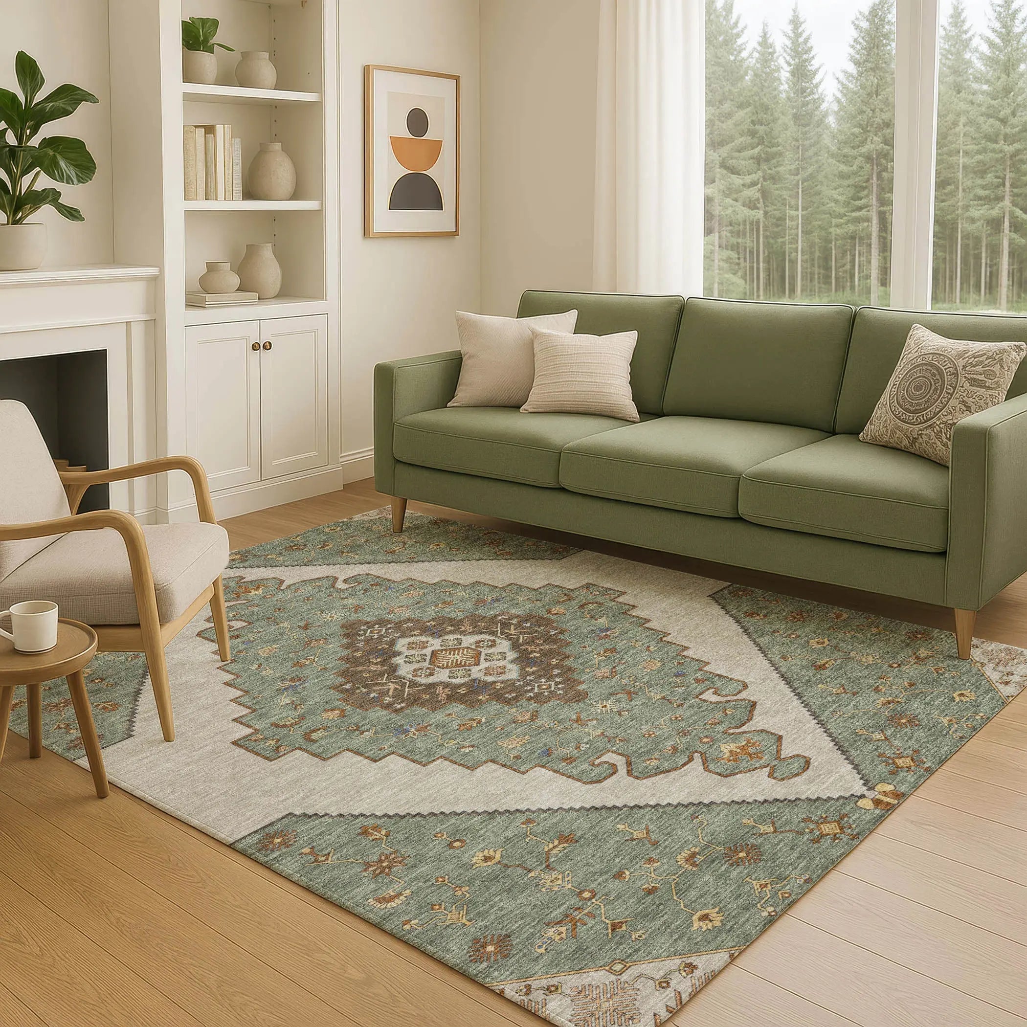 5' X 8' Green And Taupe Geometric Washable Indoor Outdoor Area Rug Homeroots Outdoor