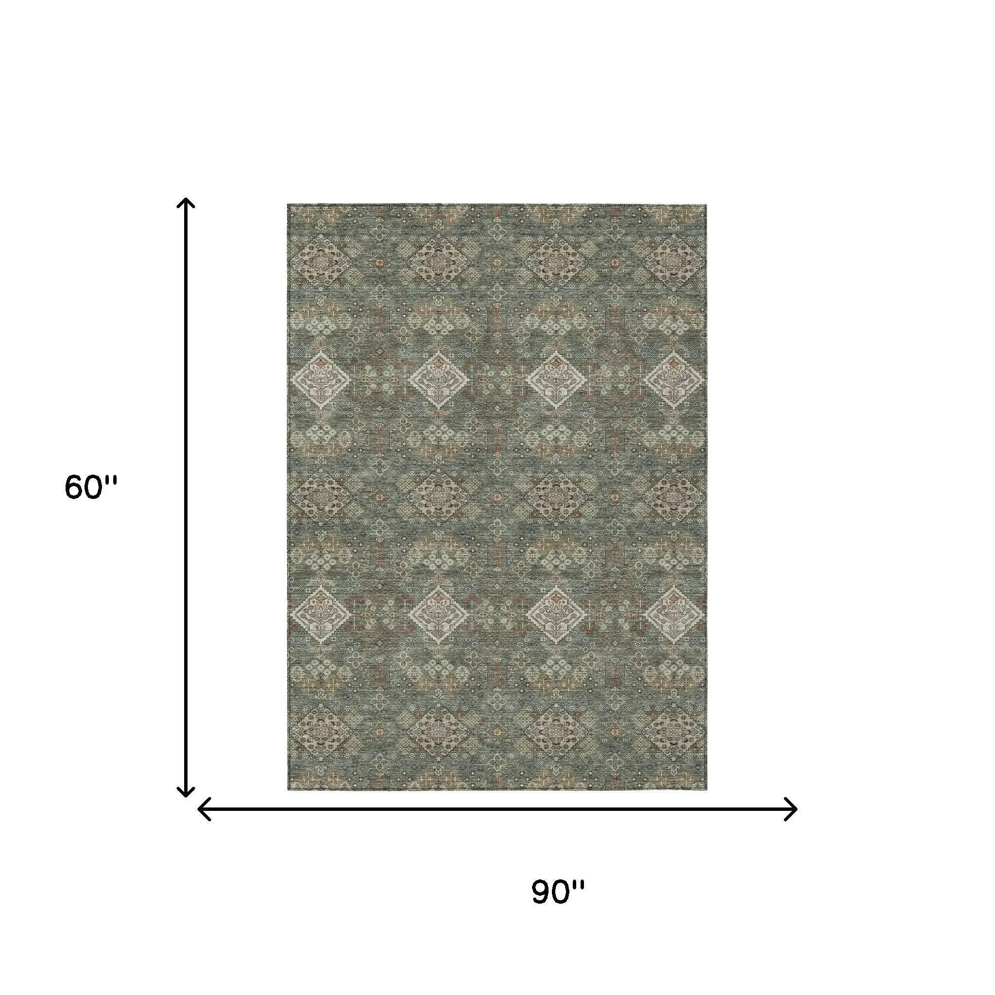 5' X 8' Green And Taupe Geometric Washable Indoor Outdoor Area Rug Homeroots Outdoor