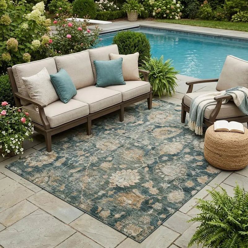 5' X 8' Green And Teal Blue Botanical Leaves Washable Indoor Outdoor Area Rug Homeroots Outdoor