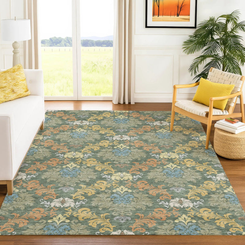 5' X 8' Green And Teal Blue Damask Washable Indoor Outdoor Area Rug Homeroots Outdoor