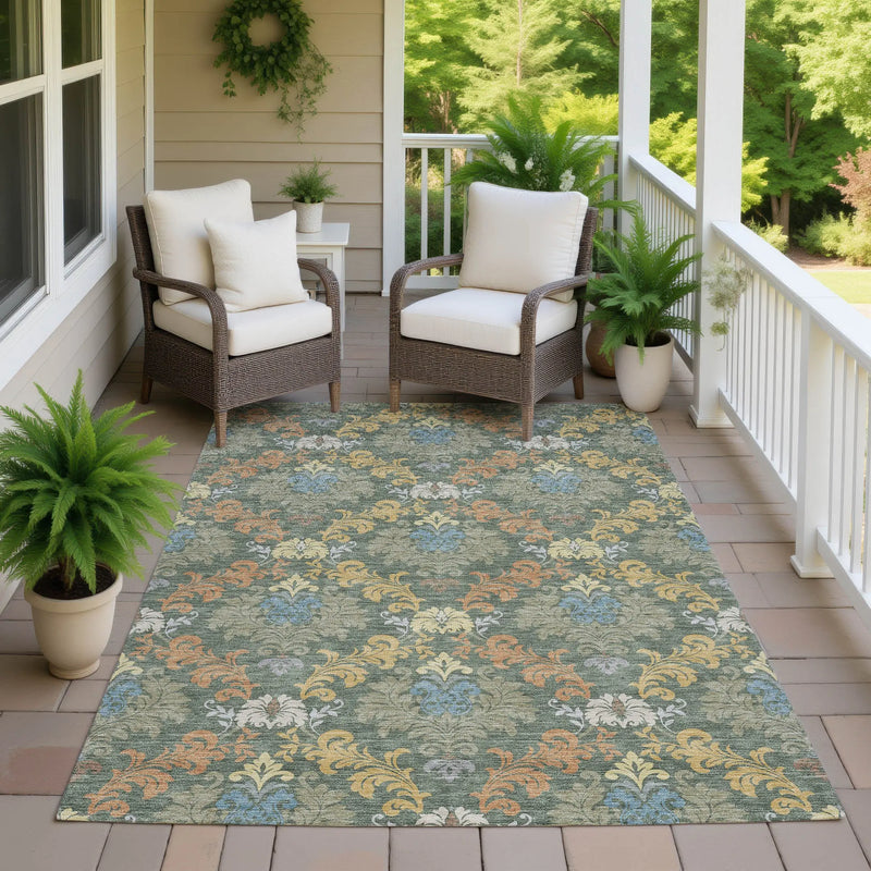 5' X 8' Green And Teal Blue Damask Washable Indoor Outdoor Area Rug Homeroots Outdoor