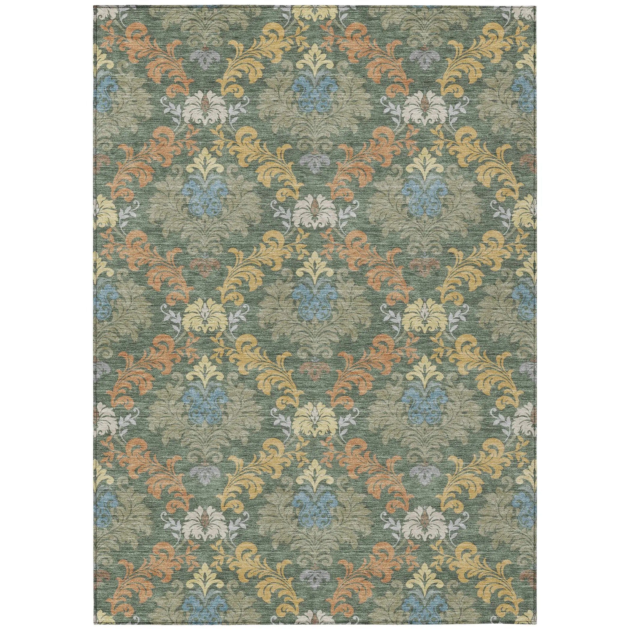 5' X 8' Green And Teal Blue Damask Washable Indoor Outdoor Area Rug Homeroots Outdoor