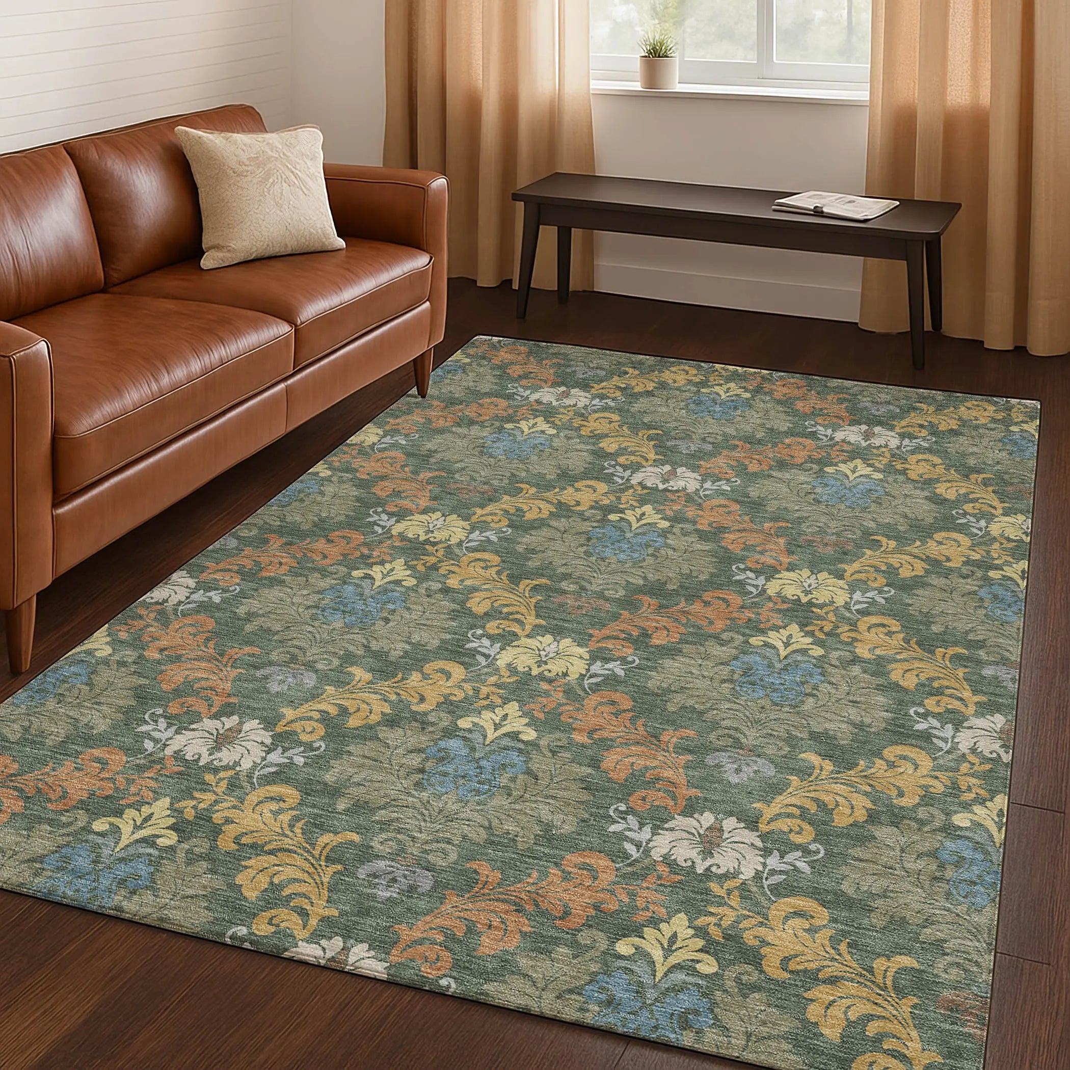 5' X 8' Green And Teal Blue Damask Washable Indoor Outdoor Area Rug Homeroots Outdoor