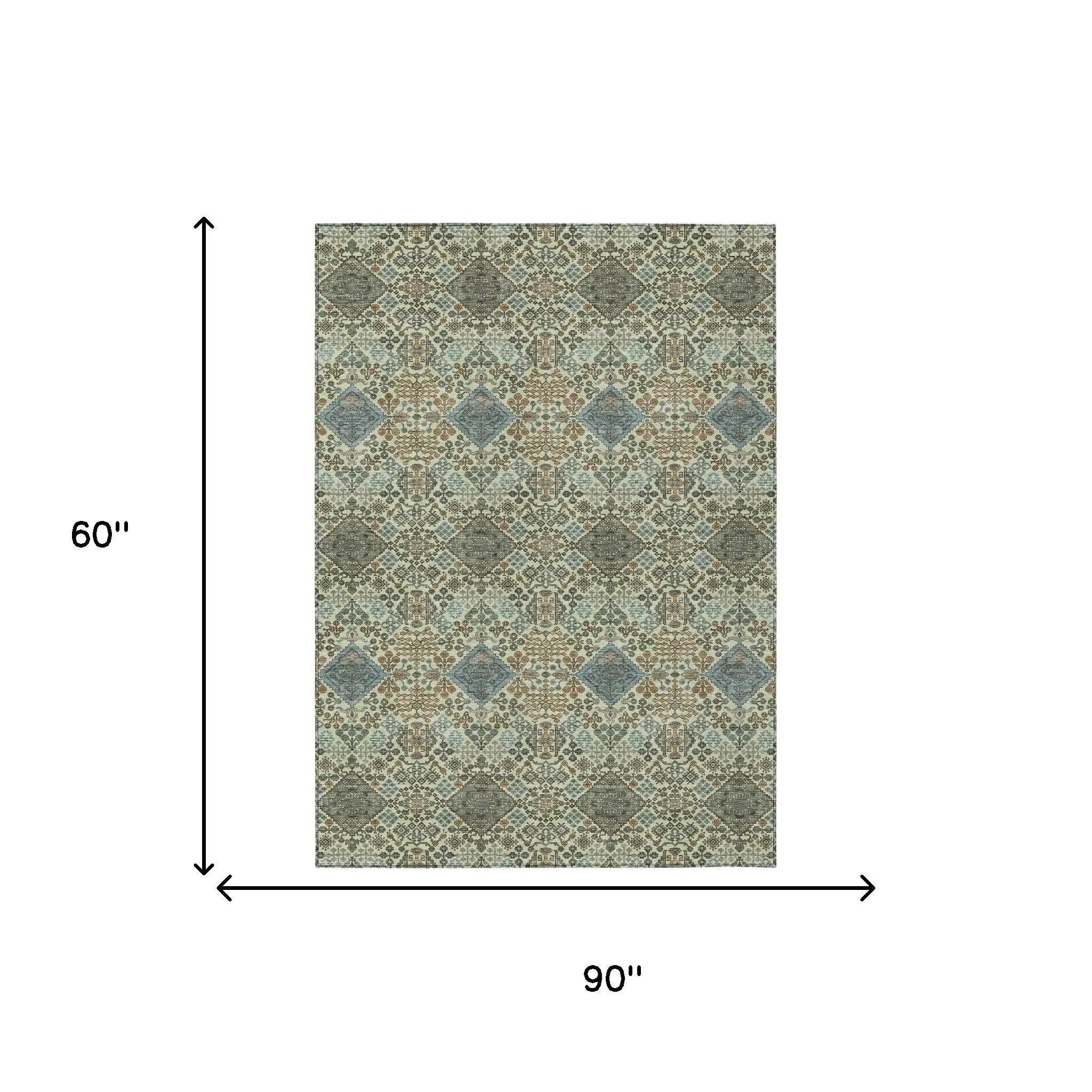 5' X 8' Green And Teal Blue Geometric Washable Indoor Outdoor Area Rug Homeroots Outdoor