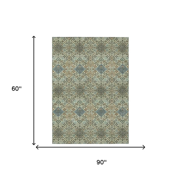 5' X 8' Green And Teal Blue Geometric Washable Indoor Outdoor Area Rug Homeroots Outdoor