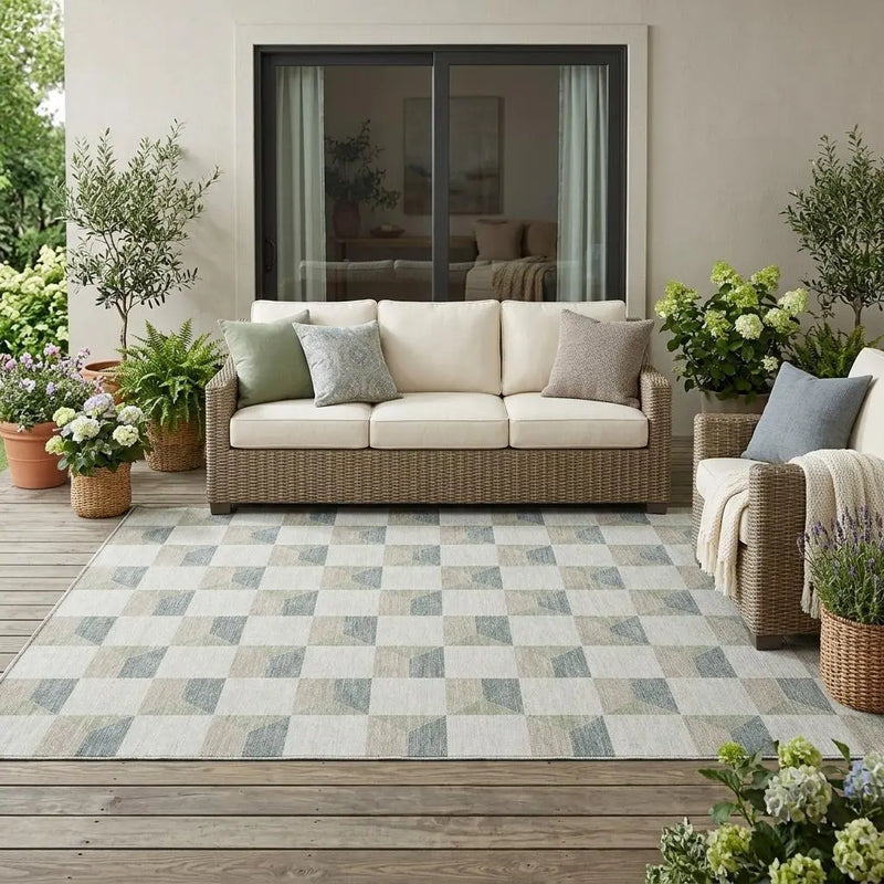5' X 8' Green And Teal Blue Geometric Washable Indoor Outdoor Area Rug Homeroots Outdoor